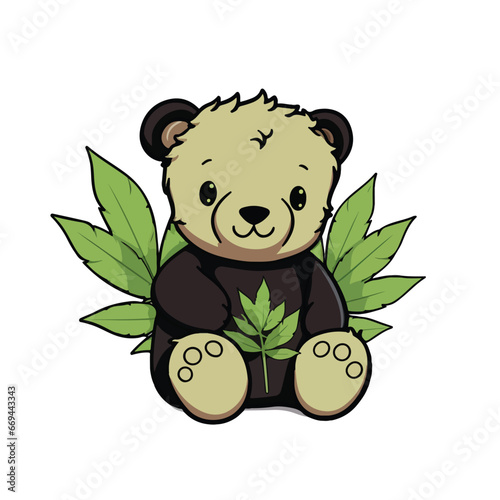 Plush cute bear doll in an embrace with a marijuana bush