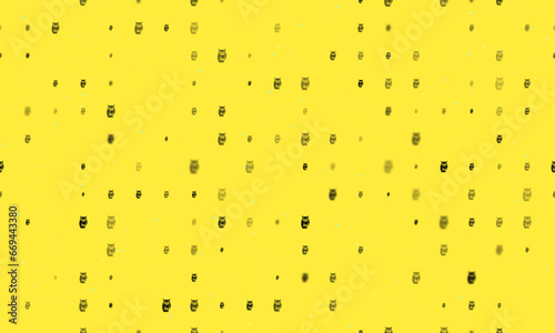 Seamless background pattern of evenly spaced black owl symbols of different sizes and opacity. Vector illustration on yellow background with stars
