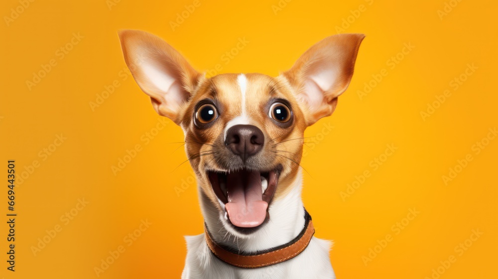 Funny dog with tongue out on orange background. Studio shot. Generative AI