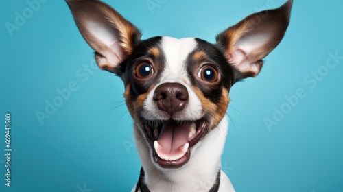 Funny Jack Russell Terrier dog with open mouth on blue background Generative AI