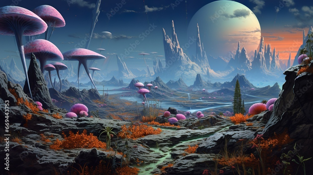 Hostile alien planet surface classic retro sci-fi style landscape - obrazy, fototapety, plakaty 
