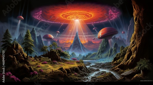 Alien world with giant fungus in retro sci-fi style landscape