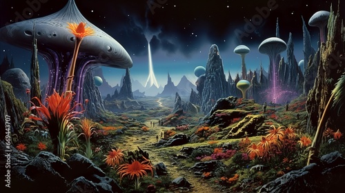 Alien planet surface classic retro sci-fi style landscape