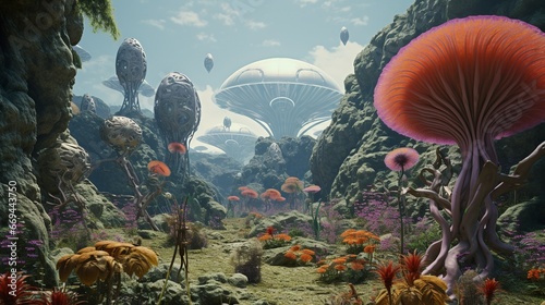 Futuristic dome city on alien planet surface classic retro sci-fi style landscape © Nordiah