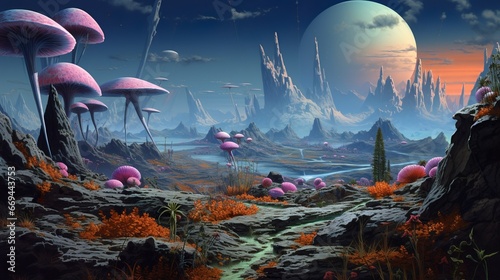 Hostile alien planet surface classic retro sci-fi style landscape