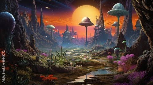 Alien fungi and flora on planet surface classic retro sci-fi style landscape