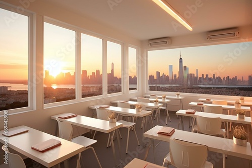 A contemporary classroom overlooking New York City, featuring white furniture and a sunset ambiance. Generative AI