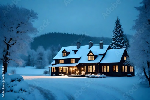 A snowy winter landscape with a charming country house all lit up for the holidays.