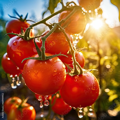 AI illustration of a vine with fresh tomatoes covered in water