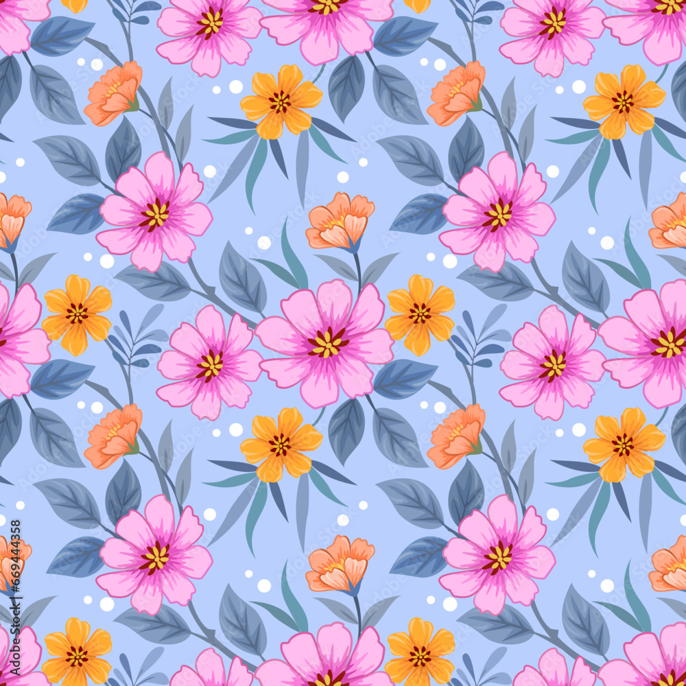 Blooming pink and orange flowers seamless pattern for fabric textile wallpaper.