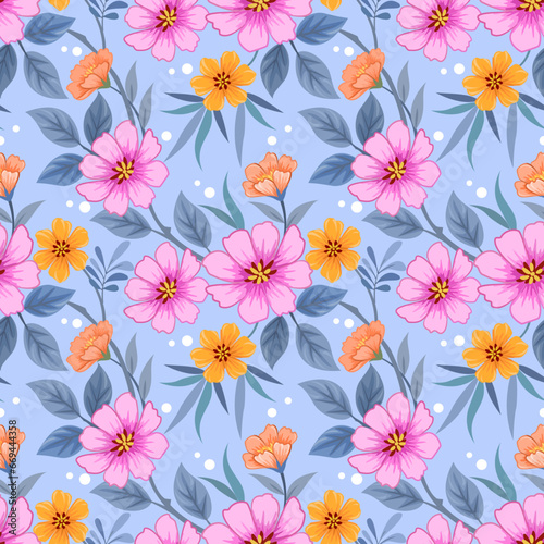 Blooming pink and orange flowers seamless pattern for fabric textile wallpaper.