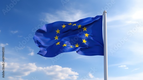 EU flag waving in the wind on blue sky background. 3D rendering Generative AI