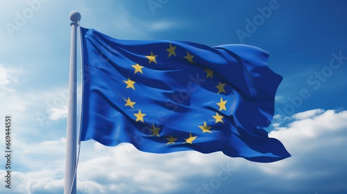 European Union Flag waving in the blue sky. 3D Rendering Generative AI