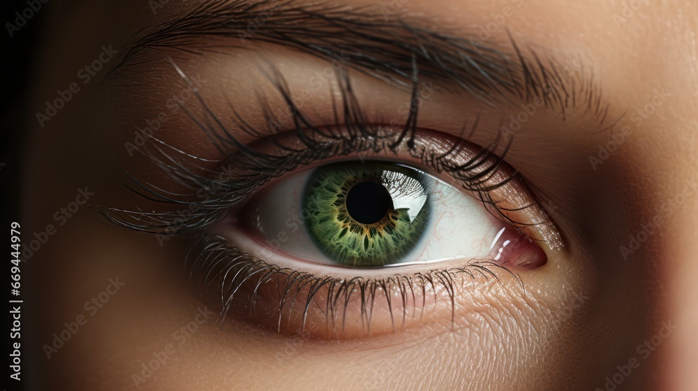 Close-up of beautiful female green eye with long eyelashes. Generative AI Close-up of beautiful female green eye with long eyelashes. Generative AI