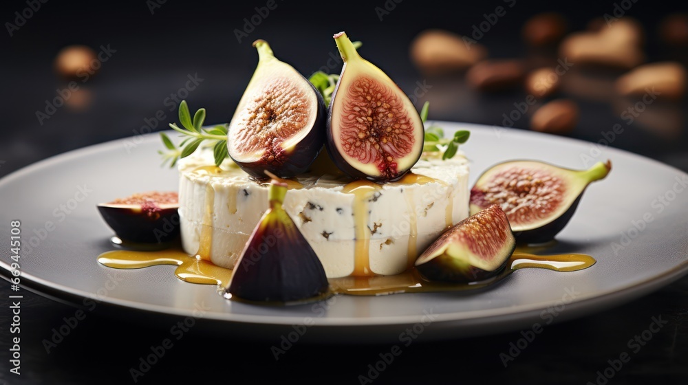 Camembert cheese with figs and honey on a black background Generative AI Camembert cheese with figs and honey on a black background Generative AI