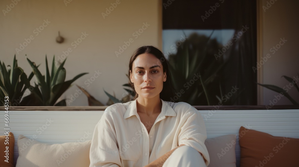 Portrait of a beautiful young woman in a white shirt sitting on a sofa. Generative AI Portrait of a beautiful young woman in a white shirt sitting on a sofa. Generative AI