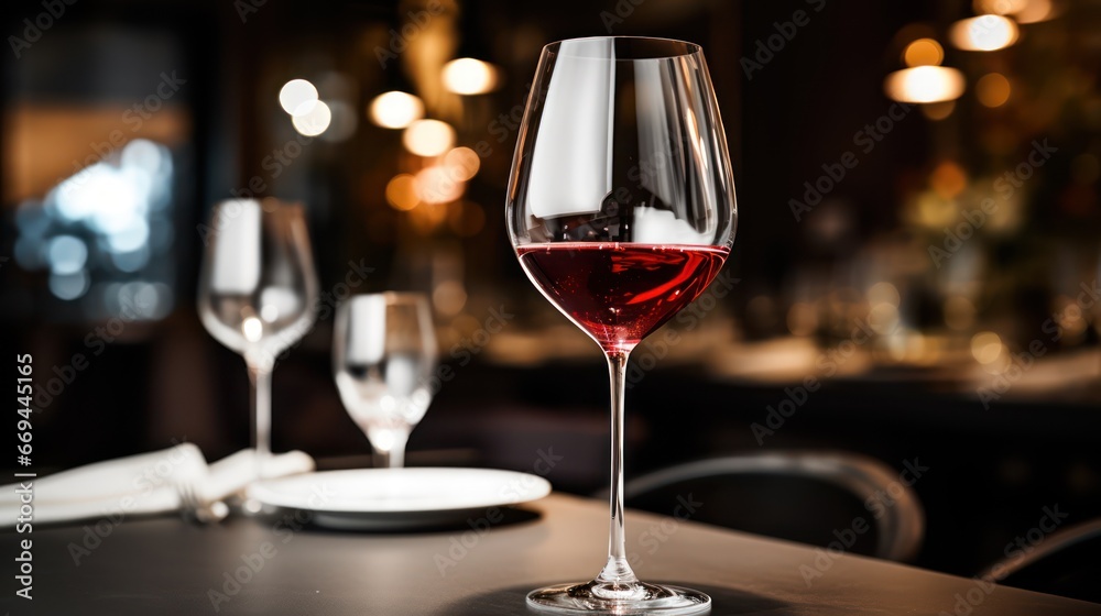 Wineglass with red wine on a table in a restaurant. Generative AI Wineglass with red wine on a table in a restaurant. Generative AI