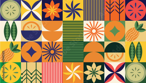 Bauhaus pattern with autumn. Mosaic style. Simple geometric shapes. Autumn rain, vegetables, fruits, flowers