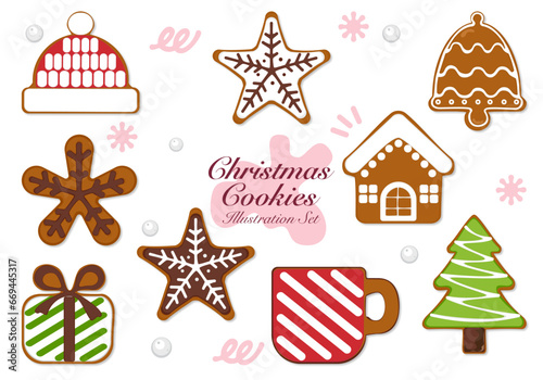 Vector illustration Christmas Gingerbread Christmas gingerbread and homemade sweet sugar-coated cookie stars or winter food biscuit set isolated.