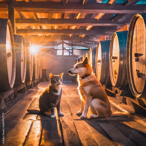 Un Perro y un gato bodega de vino con día soleado 