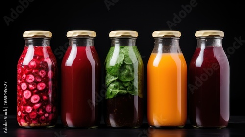 Bottles of fruit and vegetable juices on a black background. Healthy food concept. Generative AI