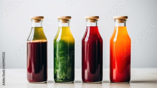 Bottles with different juices on white table. Close-up. Generative AI