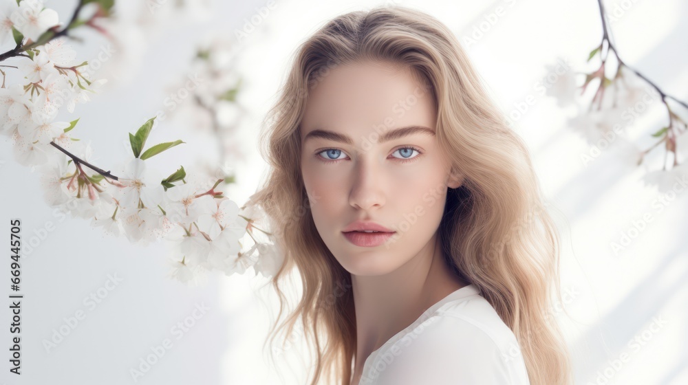 Beautiful young woman with long blond hair and cherry blossom flowers Generative AI Beautiful young woman with long blond hair and cherry blossom flowers Generative AI