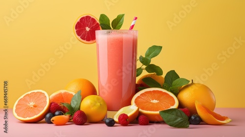 Fruit juice in a glass and fresh fruits on a pink background Generative AI