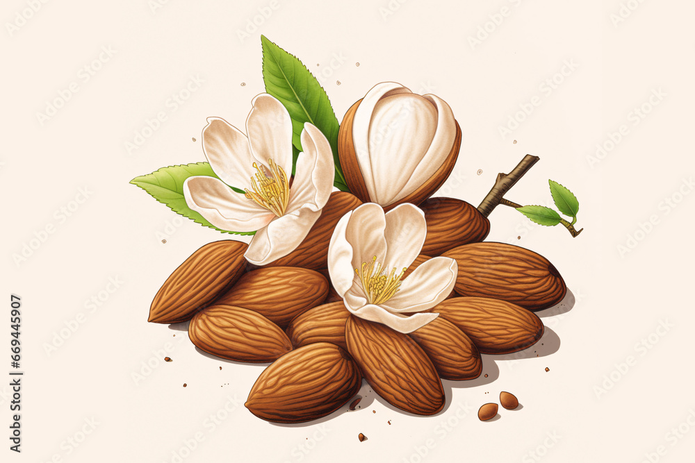 Illustration of Almond nuts with leaves.