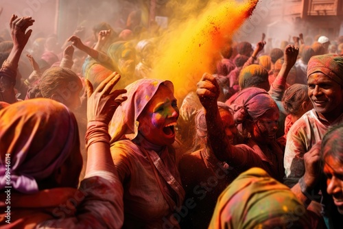 People of all ages in a colorful Holi celebration dancing to traditional music, vibrant powders. Hindu festival.