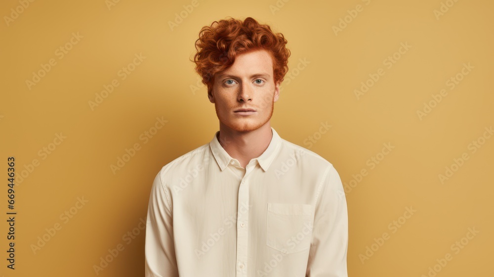 Obraz premium Portrait of a red-haired young man in a white shirt on a yellow background Generative AI