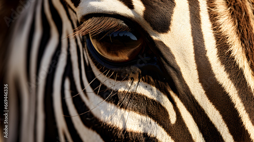 Detailed close-up of a zebra s eye with eyelashes and fur  capturing the intricate patterns and textures of its coat.