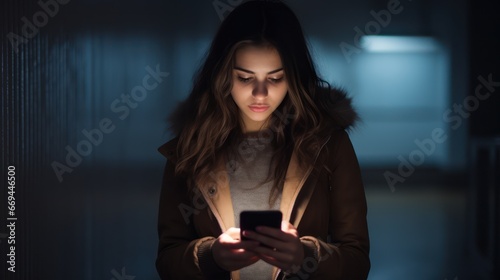 Young woman sending text message on mobile phone in dark room at night Generative AI