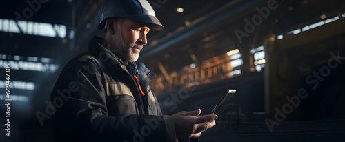 Brigadier. A production worker looks at the phone. Production control. Helmet.