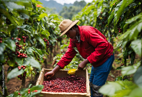 raw Red coffee beans in guy farmer hand. one Colombian farmer man working at a coffee farm. male farmer collecting coffee beans at a brazilian farm in big basket, box. generative ai photo