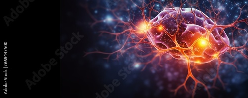 Human brain close-up showing neural pathways and neurons firing  Banner  Copy Space  Generative AI