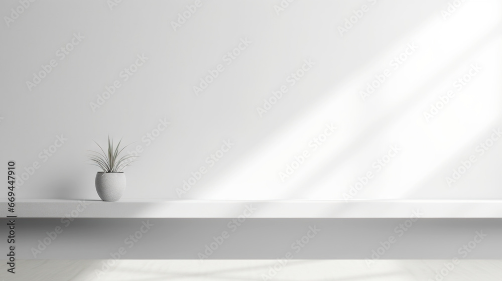 White empty room with table and nice plant, light background with shadows, sunlight Minimalistic concept. Generative AI White empty room with table and nice plant, light background with shadows, sunlight Minimalistic concept. Generative AI
