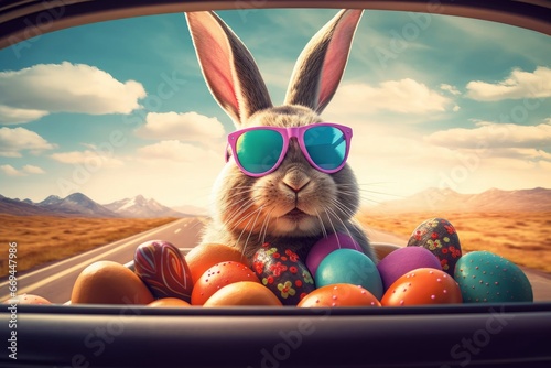 Cute Easter Bunny with sunglasses looking out of a car filed with easter eggs, Generative AI photo