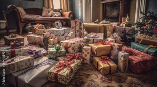 Extravagant Christmas: Overflowing Piles of Wrapped Gifts and Presents for Children