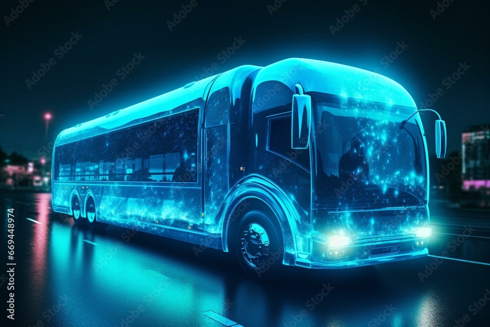 Emission-free transportation with hydrogen fuel cells; blue glowing liquid signifies eco-friendly concept. Generative AI