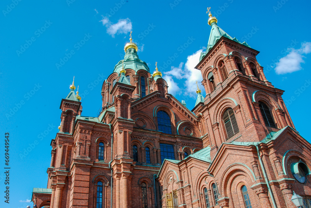 The exterior of Uspenski Cathedral in the city center of Helsinki, Finland