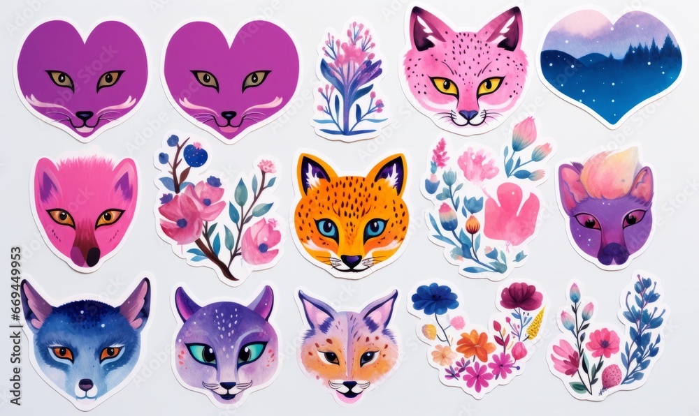 Obraz premium Foxes and Flowers, watercolour stickers, clipart, decals, tattoo designs, kids stickers, pinks and purples, oranges, floral, botanical, cute and quirky, vintage, retro, simple colours, faded, arty