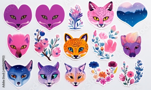 Foxes and Flowers  watercolour stickers  clipart  decals  tattoo designs  kids stickers  pinks and purples  oranges  floral  botanical  cute and quirky  vintage  retro  simple colours  faded  arty