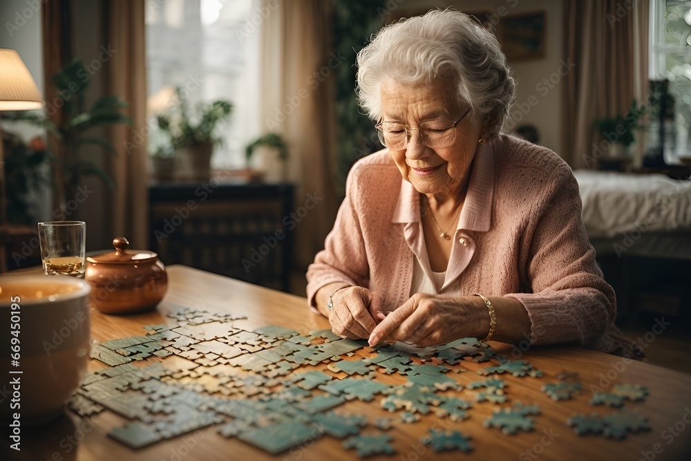 Picture of a old grandma solving jigsaw puzzle in a room  - obrazy, fototapety, plakaty 