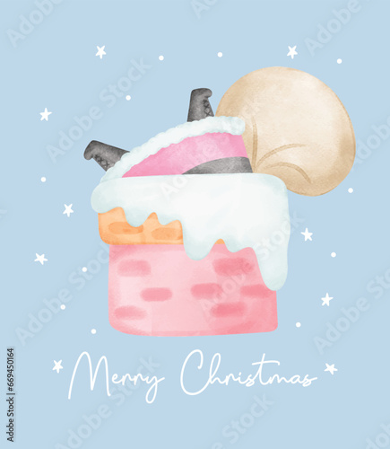 Cute Pink Christmas Santa Claus in Chimney watercolor with Adorable Smile Greeting card Cartoon character Hand Painting