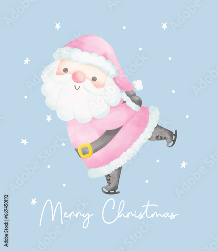 Cute Pink Christmas Santa Claus Skating watercolor with Adorable Smile Greeting card Cartoon character Hand Painting