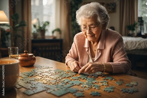 Picture of a old grandma solving jigsaw puzzle in a room 