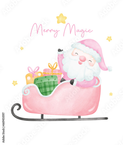 Cute Pink Christmas Santa Claus in sleigh watercolor with adorable smiling Santa Claus cartoon character vector illustration
