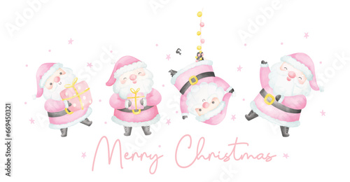 Group of Cute Pink Christmas Santa Claus watercolor banner with Adorable Smile Greeting card Cartoon character Hand Painting