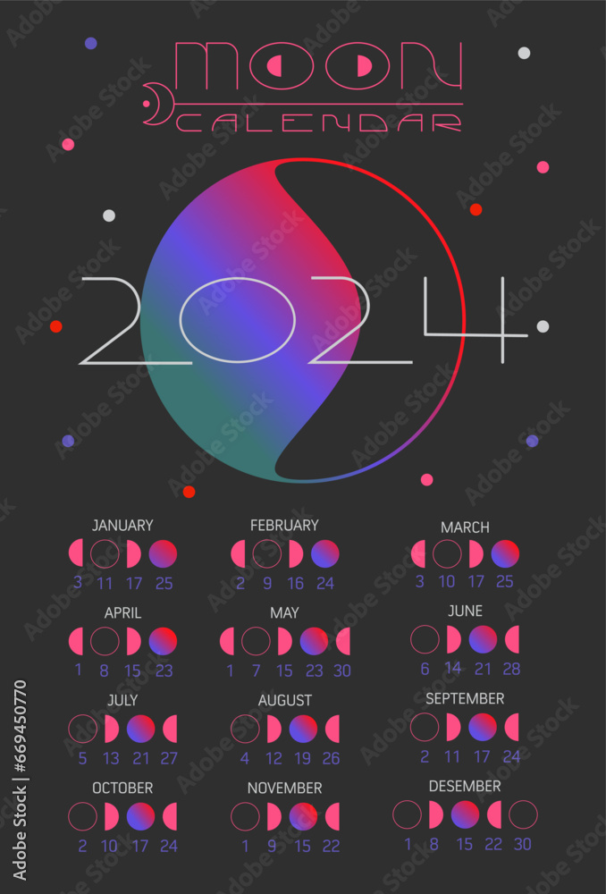 Moon calendar 2024 year. Cyberpunk style. Hand draw illustration